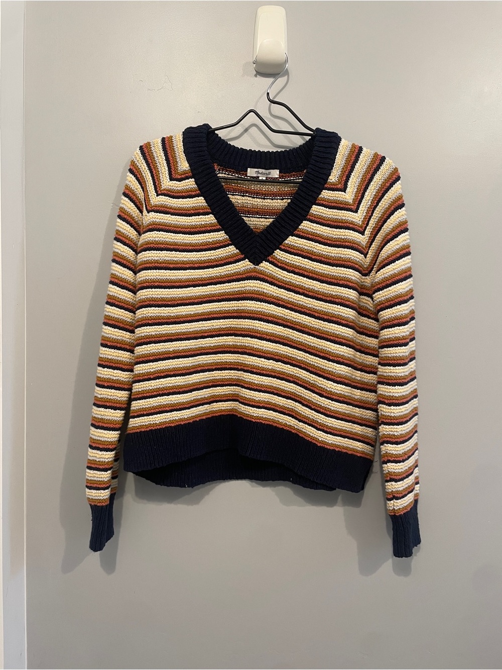 Madewell Navy, Cream, Mustard & Rust Striped V-Neck Sweater
